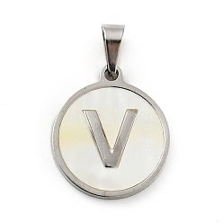 Letter V 304 Stainless Steel with White Shell Pendants, Stainless Steel Color, Flat Round with Letter Charm, Letter.V, 18x16x1.5mm, Hole: 3x6mm