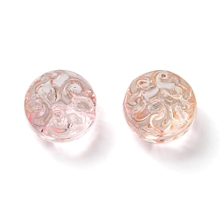 Pink Perlas de vidrio transparentes, plano y redondo con flor, rosa, 13.5x8.5 mm, agujero: 1.2 mm, sobre 10 unidades / bolsa