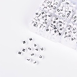 White 1 Box Letter Acrylic Beads, Horizontal Hole, Flat Round, Letter L/G/H/S/C/D/M/N/P/U, White, 7x4mm, Hole: 1mm, about 62pcs/compartment, 620pcs/box