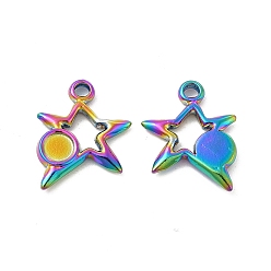 Rainbow Color Chapado de iones (ip) 304 colgantes de acero inoxidable engastes de cabujón, estrella con bandeja redonda, color del arco iris, 14.5x13x2 mm, agujero: 1.6 mm, Bandeja: 4 mm