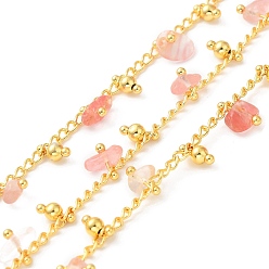 Cherry Quartz Glass Handmade Synthetic Cherry Quartz Glass Beaded Chains, Real 18K Gold Plated Brass Twist Chains, Soldered, with Spool, Cadmium Free & Lead Free, Chain Link: 2.5x2x0.5mm, Gemstone: 7x6~10.5x4.5~mm