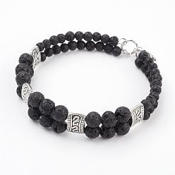 Lava Rock Natural Lava Rock Beads Multi-Strand Bracelets, with Tibetan Style Alloy Links, Steel Memory Wire and Brass Findings, 2-3/8 inch(59mm)