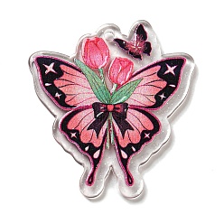 Pink Pendentif en acrylique, papillon avec breloque fleur, rose, 40x36x2mm, Trou: 2mm