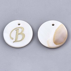 Letter B Natural Freshwater Shell Pendants, with Golden Plated Brass Etched Metal Embellishments, Flat Round with Letter, Letter.B, 15x2mm, Hole: 1.2mm
