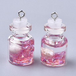 Deep Pink Glass Bottle Pendants, with Resin & Pearl & Iron Findings, Platinum, Deep Pink, 28~29x15mm, Hole: 2mm
