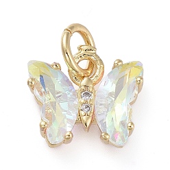 Clear AB Brass Micro Pave Clear Cubic Zirconia Pendant, with Glass, Butterfly, Golden, Clear AB, 18mm