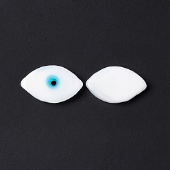 White Handmade Evil Eye Lampwork Cabochons, Horse Eye, White, 21~22x13~13.5x3.5mm