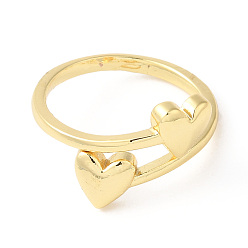 Real 18K Gold Plated Rack Plating Brass Double Heart Cuff Rings, Lead Free & Cadmium Free, Real 18K Gold Plated, US Size 6 3/4(17.1mm)