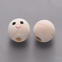 Old Lace Maple Wood European Beads, Printed, Large Hole Beads, Undyed, Round with Smiling Face, Old Lace, 17~18mm, Hole: 5mm, about 260pcs/500g