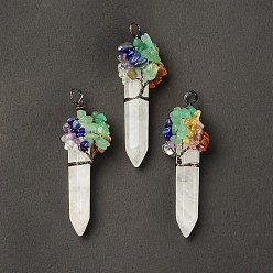 Quartz Crystal 7 Chakra Pointed Natural Quartz Crystal Big Pendants, Rock Crystal, Chip Gems Tree Faceted Bullet Charms with Red Copper Plated Rack Plating Copper Wire Wrapped, Cadmium Free & Lead Free, 62~66.5x22~26x17.5~18mm, Hole: 4.2~6.5mm