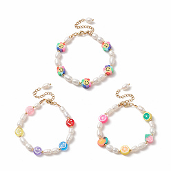 Mixed Color 3Pcs 3 Style Natural Pearl & Polymer Clay Beaded Bracelets Set, Smiling Face & Sunflower & Fruit Stackable Bracelets for Women, Mixed Color, 6-7/8 inch(17.5cm), 1Pc/style