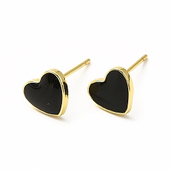 Negro Aretes con corazón esmaltado, joyas de latón chapado en oro real 18k para mujer, sin plomo y el cadmio, negro, 7x8 mm, pin: 0.8 mm