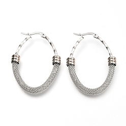 Stainless Steel Color 304 Stainless Steel Mesh Hoop Earrings, Textured, Oval, Stainless Steel Color, 45x34x6mm, Pin: 0.8mm
