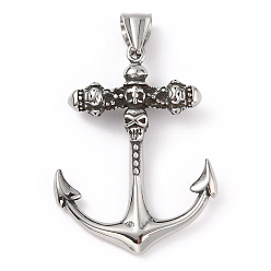 Antique Silver 304 Stainless Steel Pendants, with 201 Stainless Steel Snap on Bails, Anchor with Skull Charm, Antique Silver, 43x32x7mm, Hole: 9x4mm