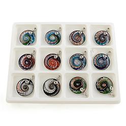 Mixed Color Handmade Silver Foil Lampwork Pendants, Flat Round, with Gold Sand and Iron Findings, Platinum, Mixed Color, 58.5~65x45.5~48x10.5mm, Hole: 4.5x5~8mm, 12pcs/box