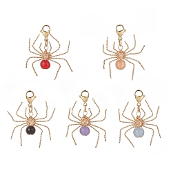 Mixed Stone Wire Wrapped Gemstone Pendant Decorations, with 304 Stainless Steel Lobster Claw Clasps, Spider, 35mm