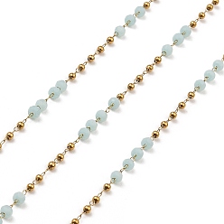 Aqua Rondelle Glass Beaded Link Chains, with Golden 304 Stainless Steel Paperclip Chains, Soldered, with Spool, Aqua, 3x2.5mm, 2mm, about 32.81 Feet(10m)/Roll