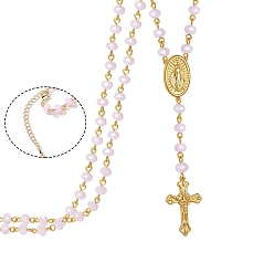 Pink Collier de perles de chapelet en verre, collier pendentif croix et jésus en laiton doré, rose, 19.69 pouce (50 cm)