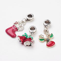 Mixed Color Tibetan Style Alloy European Dangle Charms, with Christmas Alloy Enamel Pendants, Mixed Shape, Mixed Color, 25~35x15~17x3~7.5mm, Hole: 5mm