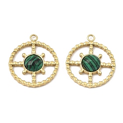 Malachite Natural Malachite Facete Sun Pendants, Ion Plating(IP) 316 Stainless Steel Flat Round Charms, Real 24K Gold Plated, 21x18.5x4mm, Hole: 1.8mm