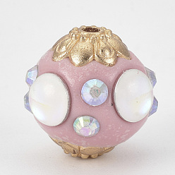 Pink Perles Indonésiennes manuelles, avec les accessoires en alliage et résines, ronde, or, rose, 15~16x14~15x14~15mm, Trou: 1.5mm