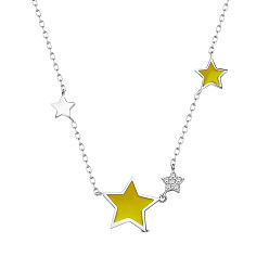 Yellow SHEGRACE 925 Sterling Silver Pendant Necklaces, with Epoxy Resin and Cubic Zirconia, Star, Platinum, Yellow, 15.75 inch(40cm), Star: 13mm