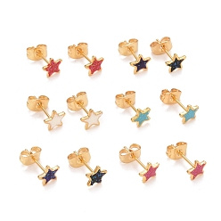 Mixed Color 304 Stainless Steel Enamel Stud Earrings, with 316 Surgical Stainless Steel Pin & Glitter Powder, Golden, Star, Mixed Color, 6x6x1mm, Pin: 0.8mm