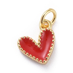 Rouge Charmes d'émail, avec les accessoires en laiton, cœur, réel 18 k plaqué or, rouge, 9x7x2.5mm, Trou: 2.5mm