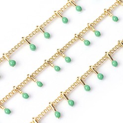 Medium Aquamarine Handmade Enamel Beaded Chains, with Brass Curb Chains, Soldered, with Spool, Long-Lasting Plated, Real 18K Gold Plated, Medium Aquamarine, 5.5x1.5~2mm, about 32.8 Feet(10m)/roll