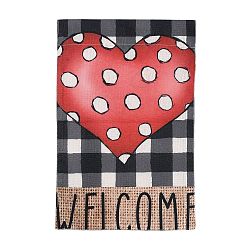 Red Valentine's Day Theme Linen Garden Flags, Double Sided Yard Flags Banner Sign, for Anniversary Wedding House Outdoor Decoration, Rectangle with Tartan Heart, Red, 450x310x3mm