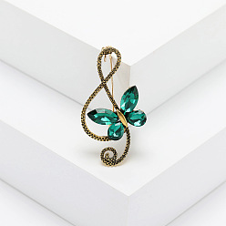Emerald Alloy Rhinestone Safety Pin Brooch, Musical Note with Butterfly, Emerald, 44x23mm