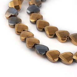 Golden Plated Electroplated Non-magnetic Synthetic Hematite Beads Strands, Faceted, Half Plated, Heart, Golden Plated, 8x8x3mm, Hole: 0.8mm, about 54pcs/strand, 16.14 inch(41cm)