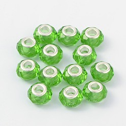 Verde Granos europeos cristal hechos a mano, abalorios de grande agujero, núcleo de latón en color plata, verde, 14x8 mm, agujero: 5 mm
