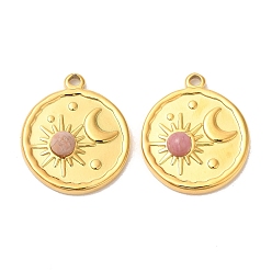 Rhodonite Ion Plating(IP) 316 Stainless Steel Flat Round Pendants, Natural Rhodonite Sun & Moon Charms, Real 24K Gold Plated, 21.5x18x4.5mm, Hole: 1.6mm