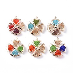 Mixed Color Rack Plating Iron Glass Pendants, Light Gold Tone Flower Charms, Mixed Color, 26x22x7mm, Hole: 1mm