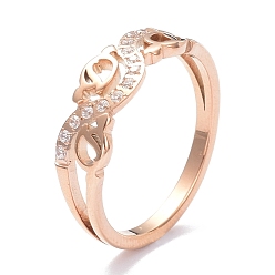 Rose Gold Ion Plating(IP) 304 Stainless Steel Finger Rings, with Crystal Rhinestone, Hollow, Rose Gold, US Size 6~9(16.5~18.9mm)