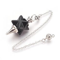 Agate Noire Pendules de radiesthésie en agate noire naturelle, avec les accessoires en laiton de tonalité de platine, Merkaba Star, 235mm, Trou: 2mm