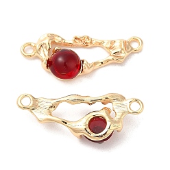Dark Red Brass Connector Charms, Oval Links with Glass, Real 18K Gold Plated, Dark Red, 12x31x6mm, Hole: 2mm