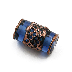 Blue Retro Czech Glass Beads, Red Copper Metal Grid Beads, Column, Blue, 16x8mm