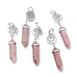 Rhodochrosite Natural Rhodochrosite Pointed Big Pendants, Double Terminated Pointed, with Platinum Plated Brass Findings, Faceted, Bullet, 59~67x14~15mm, Hole: 7x5mm, Gemstone: 41~44x8mm