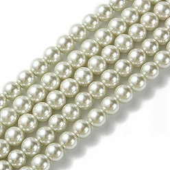 Antique White Eco-Friendly Glass Pearl Beads Strands, Grade A, Round, Dyed, Cotton Cord Threaded, Antique White, 8mm, Hole: 1.2~1.5mm, about 52pcs/strand, 15.7 inch
