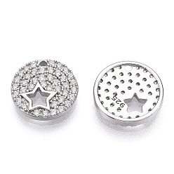 Real Platinum Plated Rhodium Plated 925 Sterling Silver Micro Pave Cubic Zirconia Charms, with S925 Stamp, Flat Round with Star Charms, Nickel Free, Real Platinum Plated, 9.5x1.5mm, Hole: 0.8mm