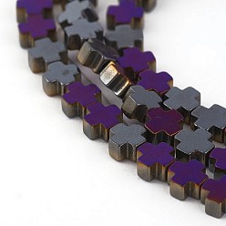 Purple Plated Electroplated Non-magnetic Synthetic Hematite Beads Strands, Cross, Purple Plated, 4x4x2mm, Hole: 0.6mm, about 98pcs/strand, 16.14 inch(41cm)
