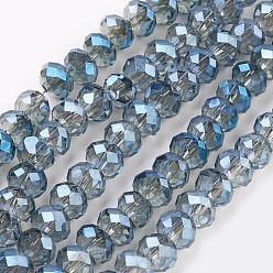 Steel Blue Electroplate Glass Beads Strands, Full Rainbow Plated, Faceted, Rondelle, Steel Blue, 6x4~5mm, Hole: 0.8~1mm, about 88~92pcs/strand, 15.5 inch~16 inch(39~45cm)