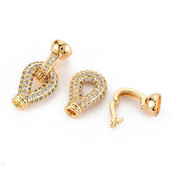 Real 18K Gold Plated Brass Micro Pave Clear Cubic Zirconia Fold Over Clasps, Nickel Free, Teardrop, Real 18K Gold Plated, 18x12x5mm, Hole: 2.5mm, Clasp: 15x7.5x7.5mm, Inner Diameter: 5.5mm