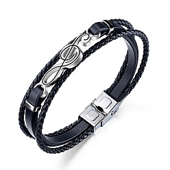 Noir Bracelet multi-brins triple couche avec cordons tressés en cuir, bracelet à maillons en acier inoxydable avec note de musique pour homme, noir, 8-5/8 pouce (22 cm)