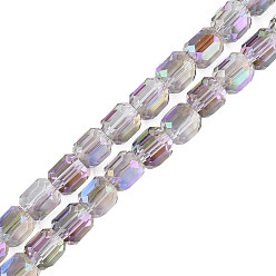 Púrpura Media Electroplate transparentes cuentas de vidrio hebras, facetados, columna, púrpura medio, 8x8 mm, agujero: 1.2 mm, sobre 79~80 unidades / cadena, 25.59 pulgada ~ 27.17 pulgada (65~69 cm)