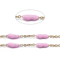 Pearl Pink Handmade Enamel Beaded Chains, with Stainless Steel Curb Chains and Spool, Soldered, Long-Lasting Plated, Golden, Pearl Pink, 1.5x1x0.1mm, about 32.8 Feet(10m)/roll