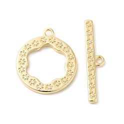 Real 18K Gold Plated Brass Toggle Clasps, Flat Ring with Flower, Real 18K Gold Plated, Ring: 16x14x1mm, Hole: 1mm, Bar: 20.5x4.5x1mm, Hole: 1mm