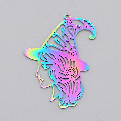Rainbow Color Ion Plating(IP) 201 Stainless Steel Pendants, Laser Cut, Witch, for Halloween, Rainbow Color, 43x30x1mm, Hole: 1.5mm
